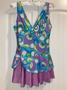 Retro Circle Print Swim Dress - Blue, Purple, Lime